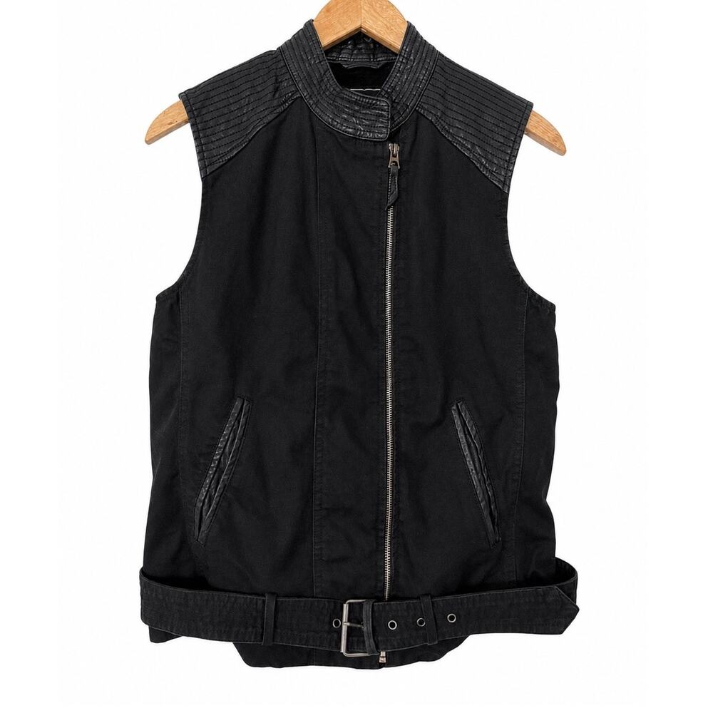 Lucky Brand Women's Black Moto Vest Medium Canvas Genuine Goat Leather Trim Belt